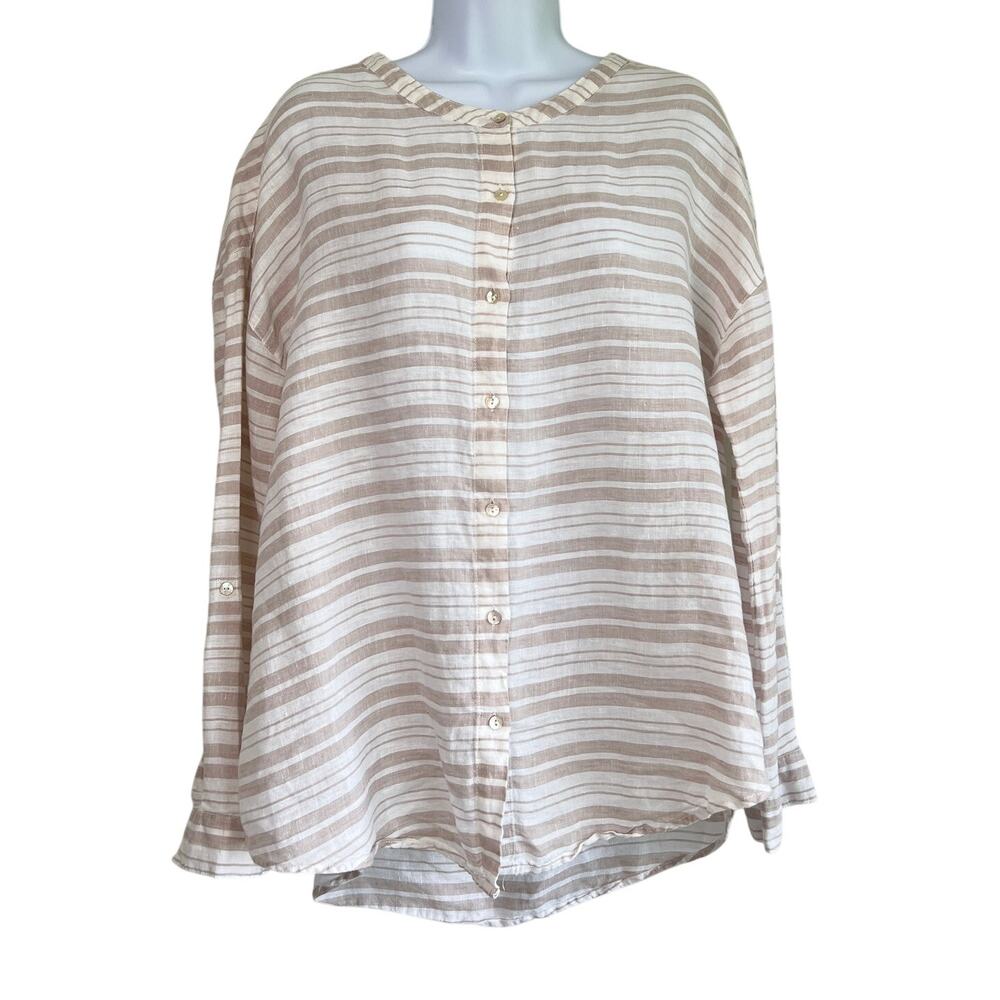 St Tropez West Womens Linen Button Up Top Size M Beige White Stripe Coastal Boho